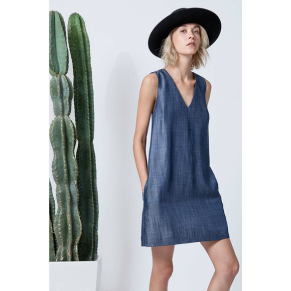 MORGAN CARPER Anthropologie Denim Blue Chambray SEKA V-Neck Sheath Dress Size M - Picture 9 of 9